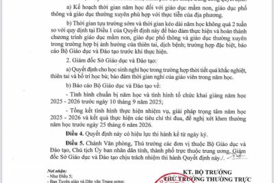 Quyết định 2269/QD-BGDDT ngày 11/8/2025 của Bộ trưởng Bộ Giáo dục về việc Ban hành khung kế họach thời gian năm học 2025 – 2026 đối với giáo dục mầm non, giáo dục phổ thông và giáo dục thường xuyên